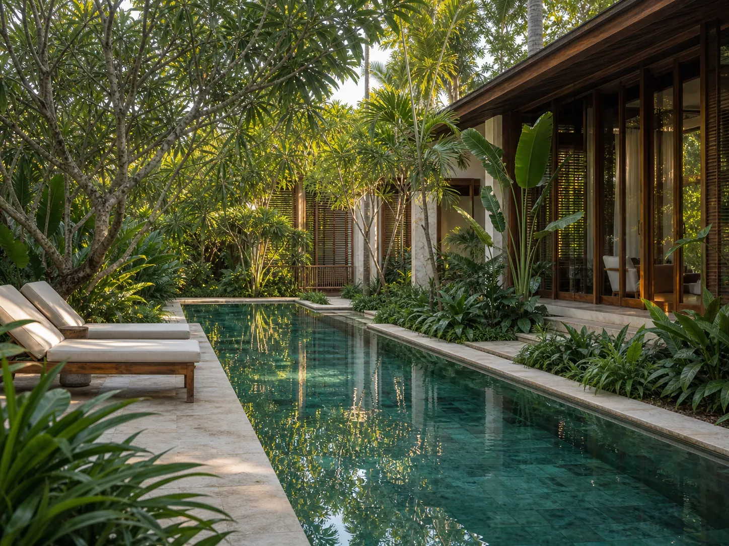 Still pool framed by tropical foliage