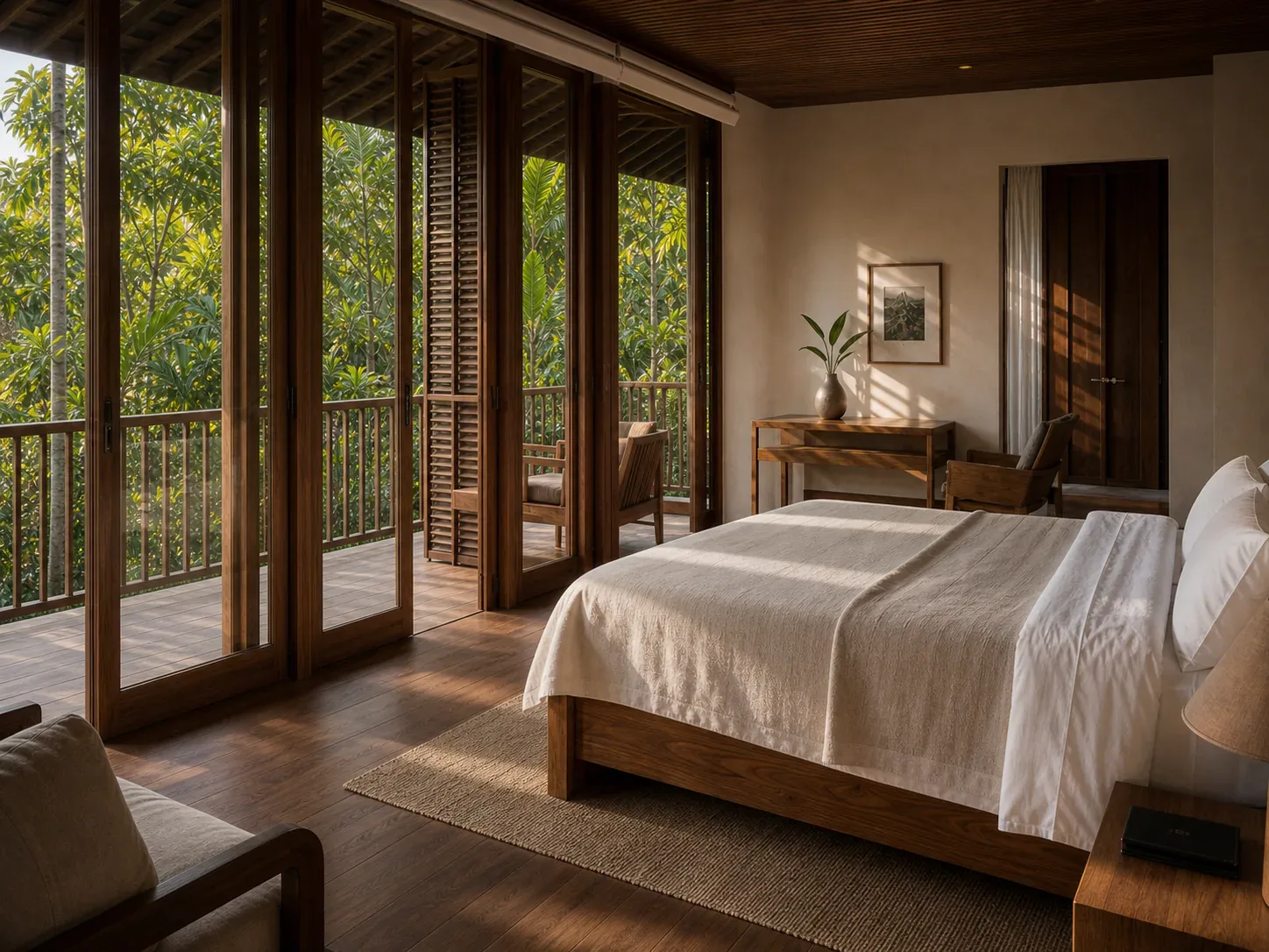 King bed facing the garden windows