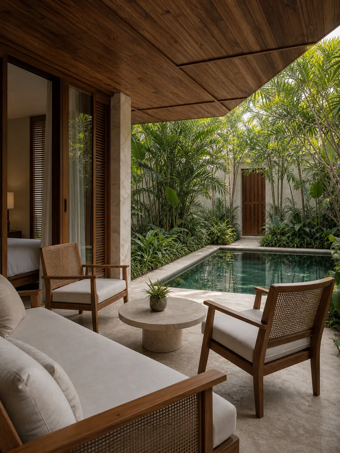 Shaded outdoor living room beside the water