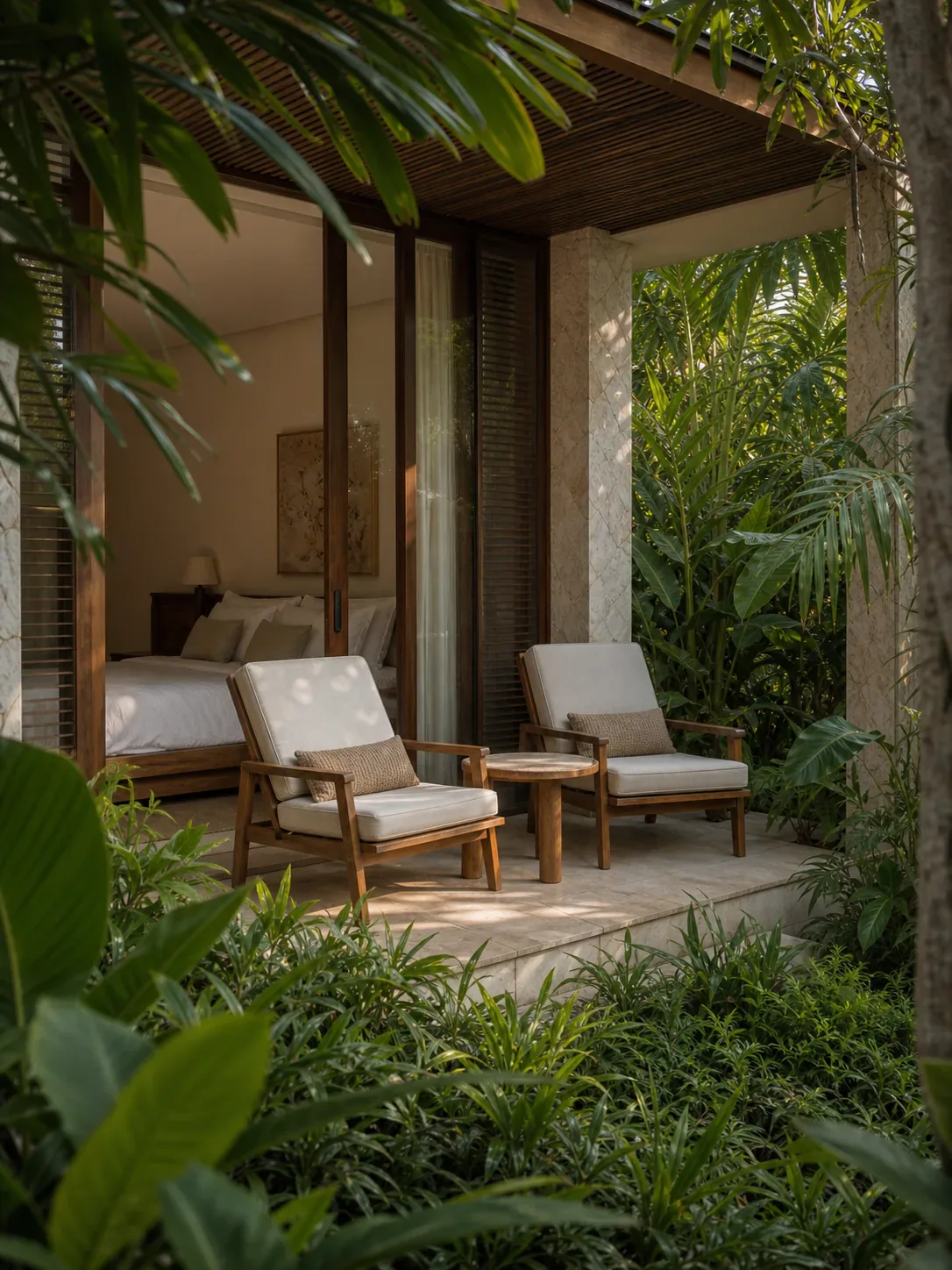 Private terrace framed by ferns and palms