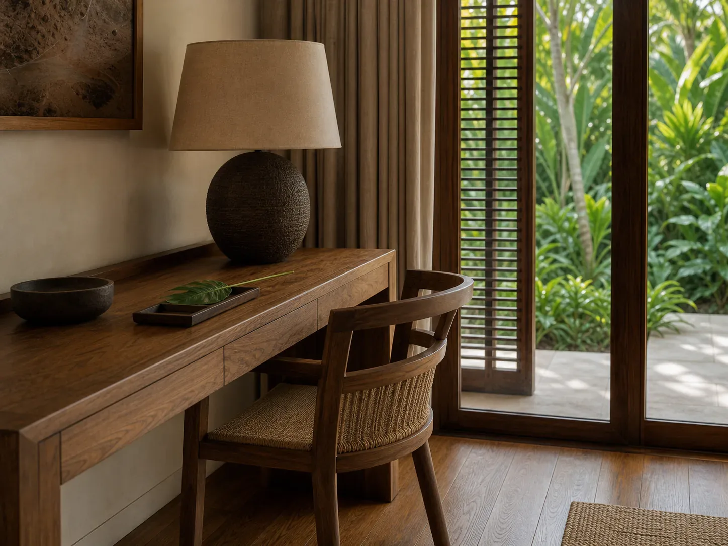 Teak desk and rattan chair by the window
